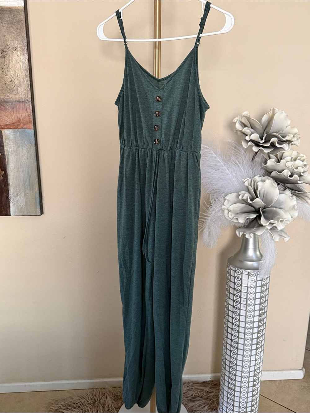 SHEIN Dark Green Button-Front Sleeveless Jumpsuit